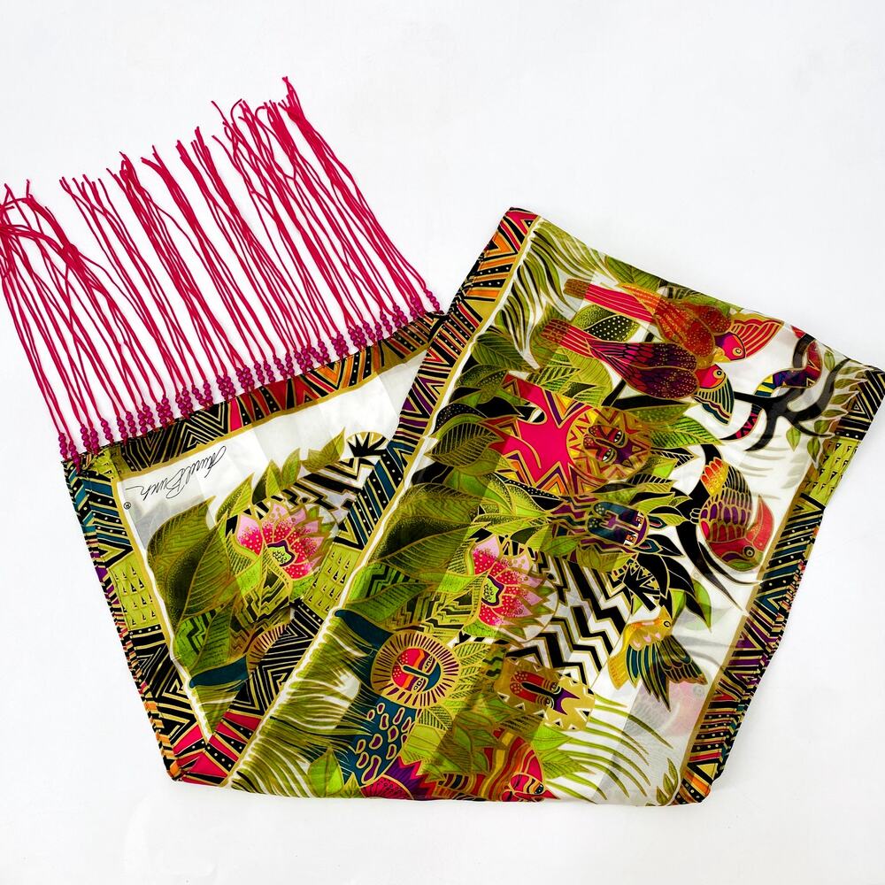 Laurel Burch tropical jungle cats florals leaves birds scarf 100% silk beads